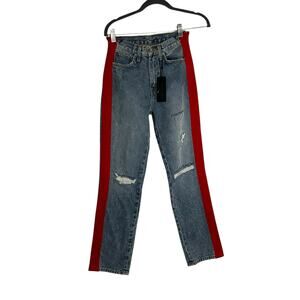 Carmen Straight Thrashed Distressed High Rise Red Tuxedo Stripe Denim Blue Jeans